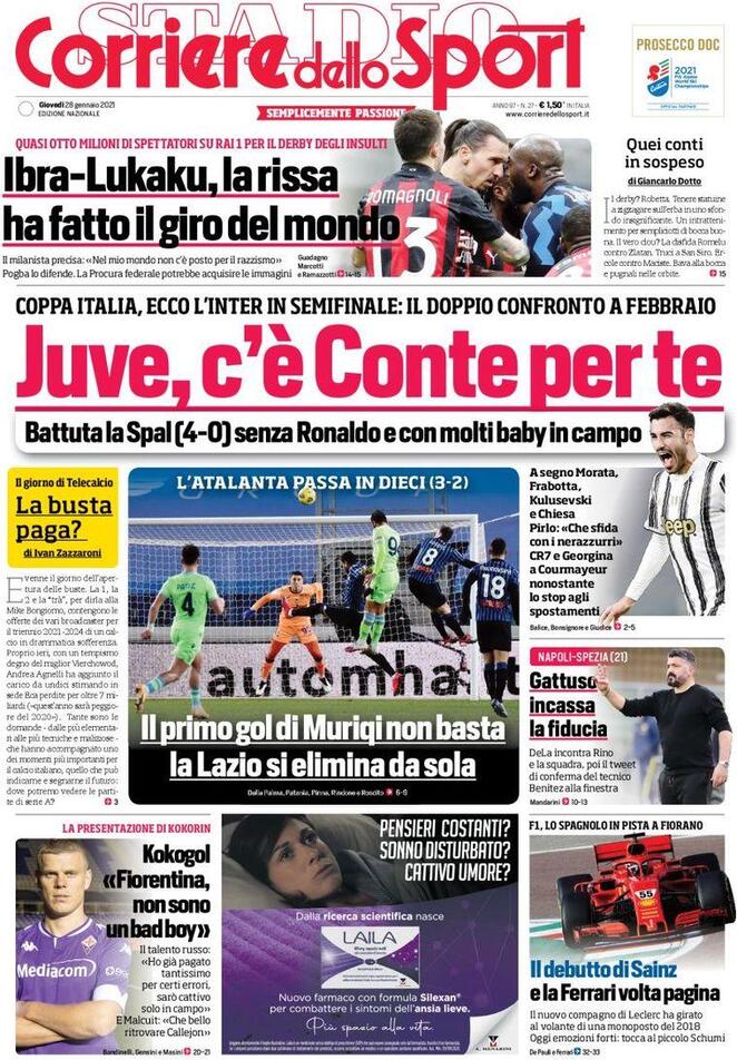 La prima pagina del Corriere dello Sport del 28 gennaio 2021