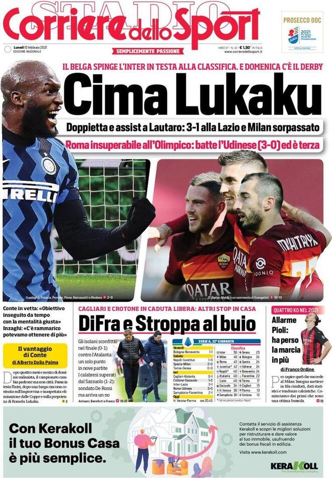 La prima pagina del Corriere dello Sport 