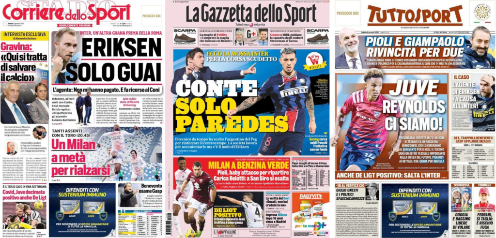 La prima pagina dei quotidiani sportivi in edicola il 9 gennaio 2021