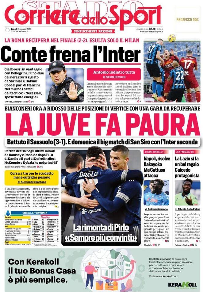 La prima pagina di Tuttosport dell'11 gennaio 2021