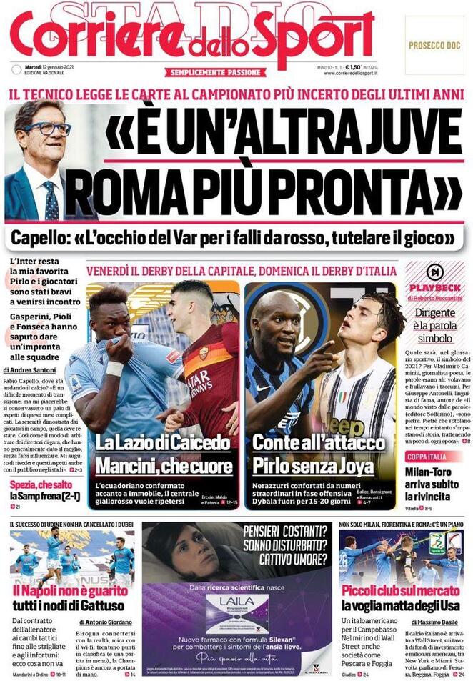 La prima pagina del Corriere dello Sport del 12 gennaio 2021
