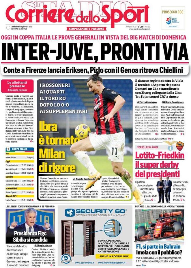 La prima pagina del Corriere dello Sport del 13 gennaio 2021