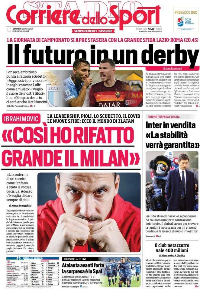 La prima pagina del Corriere dello sport del 15 gennaio 2021