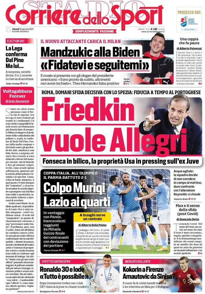 La prima pagina del Corriere dello Sport del 22 gennaio 2021