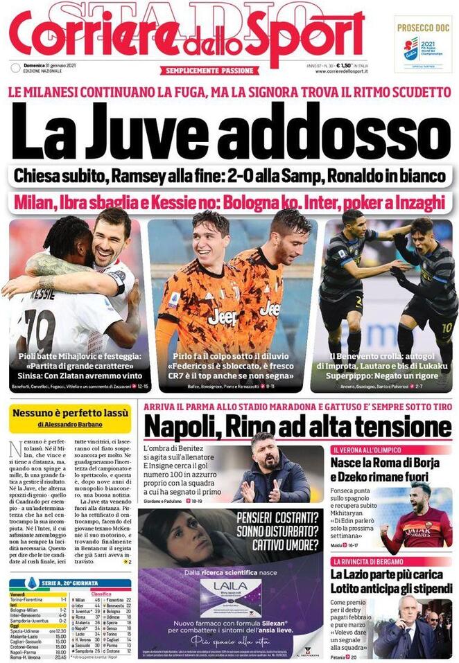 La prima pagina del Corriere dello Sport del 31 gennaio 2021