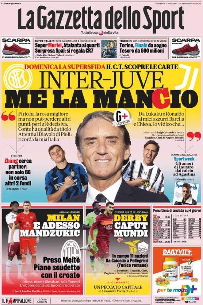 La prima pagina de La Gazzetta dello Sport del 15 gennaio 2021