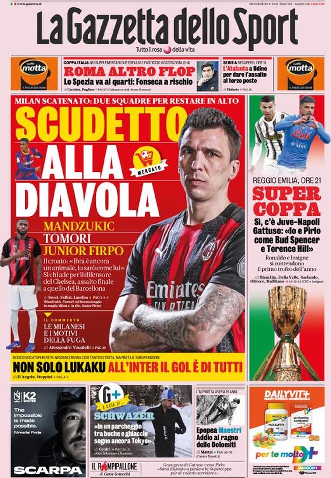 La prima pagina della Gazzetta dello Sport del 20 gennaio 2021