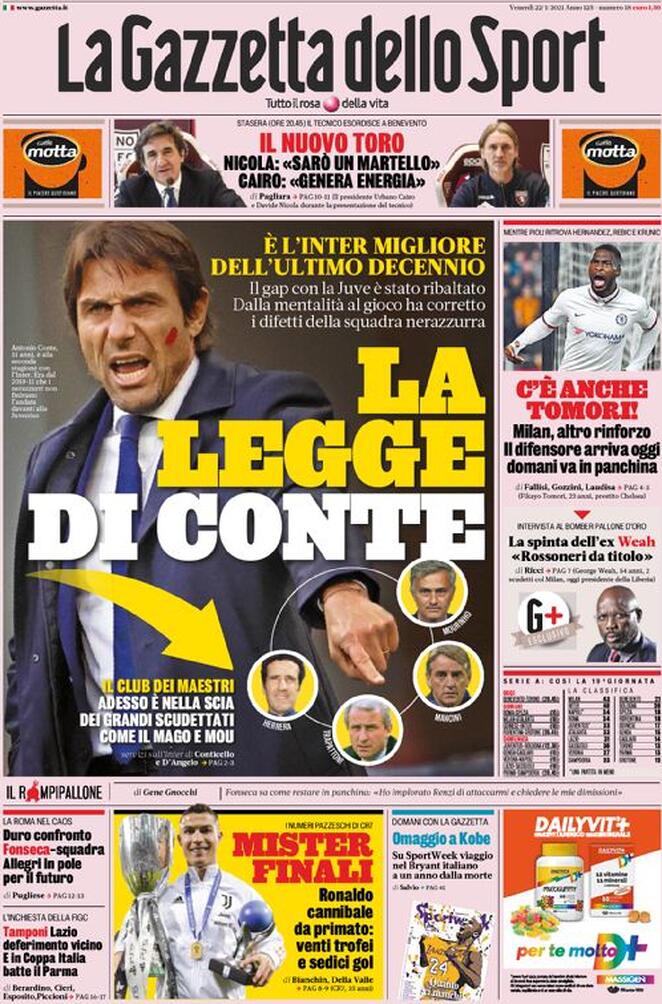 La prima pagina della Gazzetta dello Sport del 22 gennaio 2021