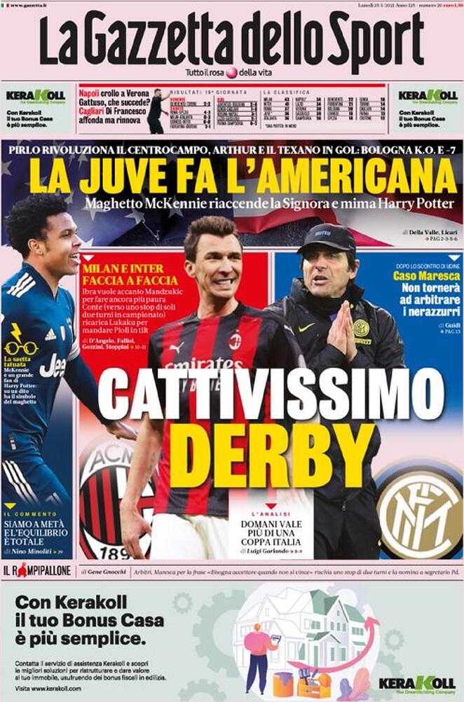 La prima pagina della Gazzetta dello Sport del 25 gennaio 2021