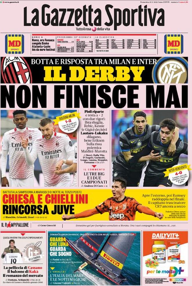 La prima pagina della Gazzetta dello Sport del 31 gennaio 2021