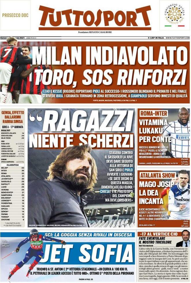 Tuttosport in edicola oggi, 10 gennaio 2021