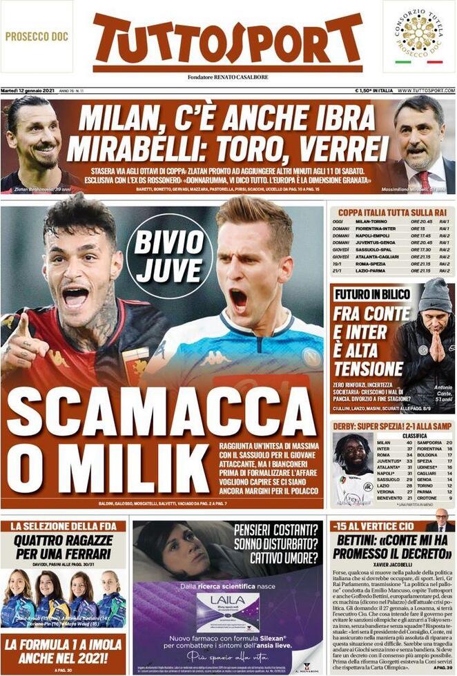 La prima pagina di Tuttosport del 12 gennaio 2021