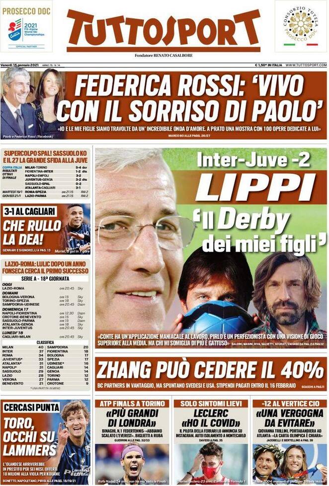 La prima pagina di Tuttosport del 15 gennaio 2021