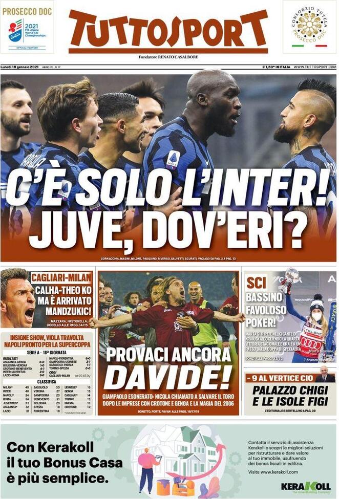 La prima pagina di Tuttosport del 18 gennaio 2021