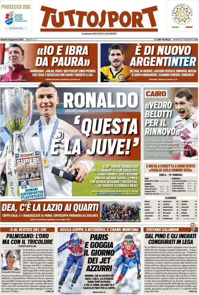 La prima pagina di Tuttosport del 22 gennaio 2021