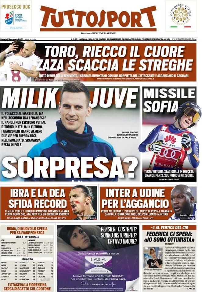 La prima pagina di Tuttosport del 23 gennaio 2021