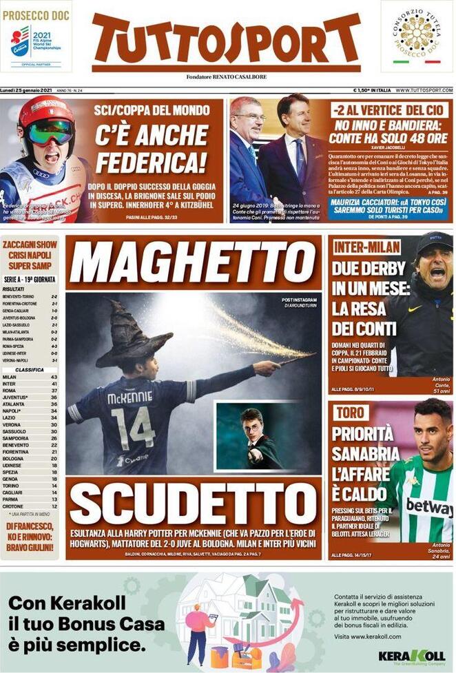 La prima pagina di Tuttosport del 25 gennaio 2021