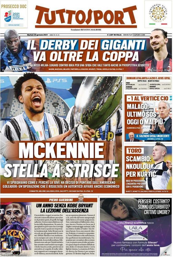 La prima pagina di Tuttosport del 26 gennaio 2021