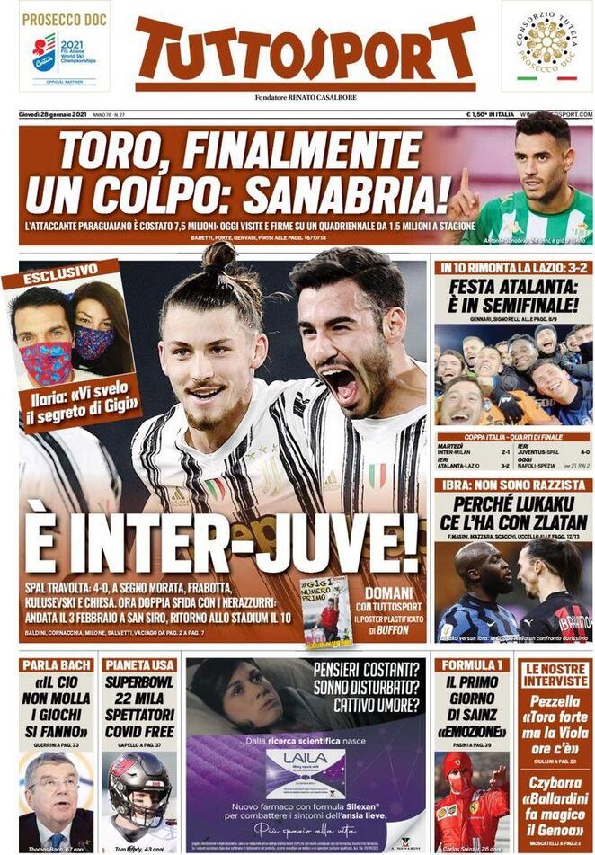 La prima pagina di Tuttosport del 28 gennaio 2021