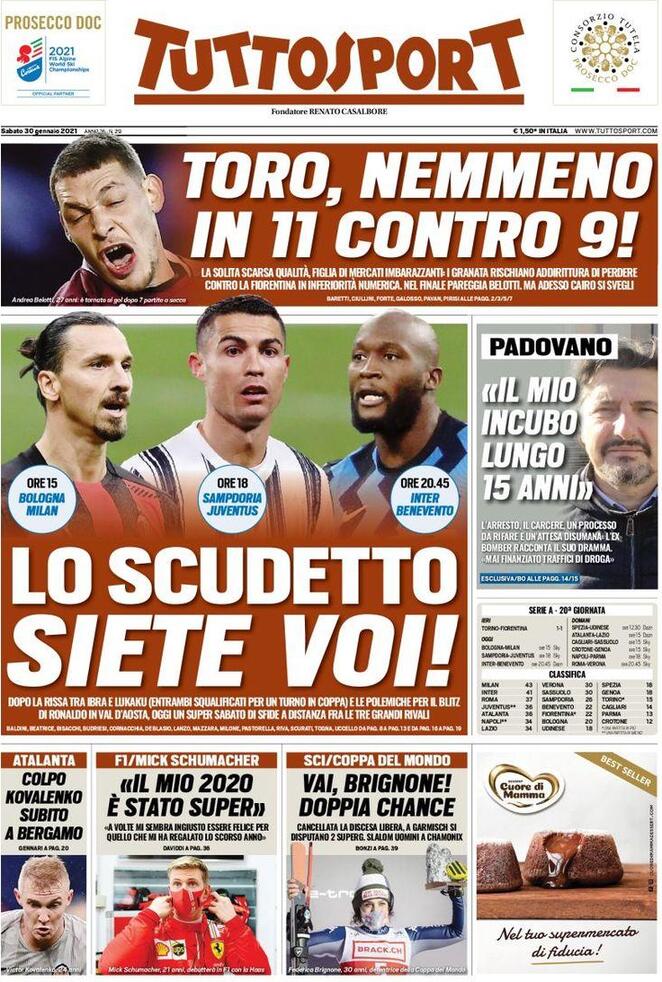 La prima pagina di Tuttosport del 30 gennaio 2021