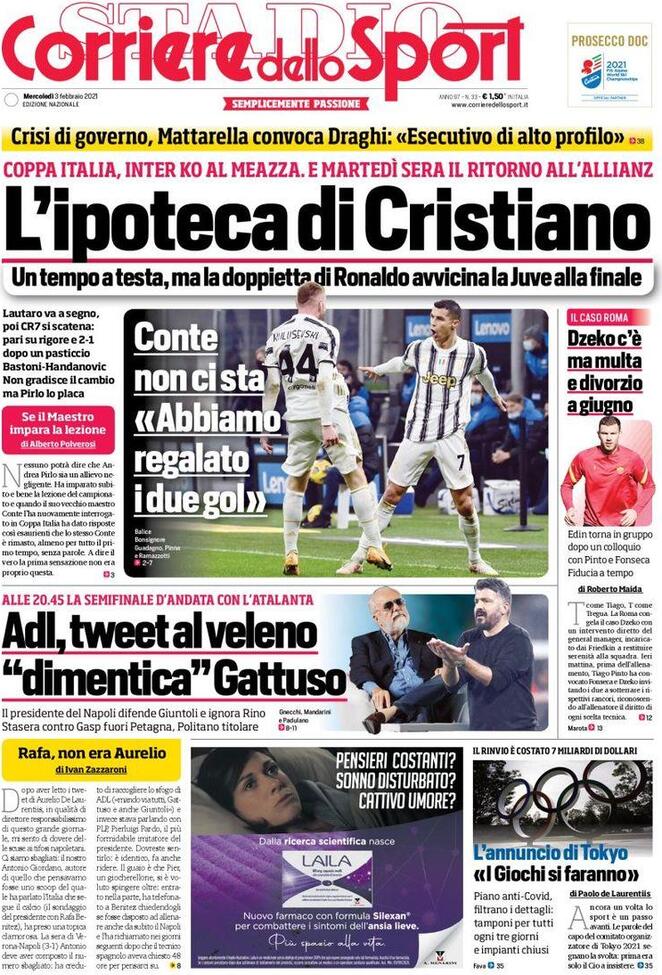 La prima pagina del Corriere dello Sport del 3 febbraio 2021