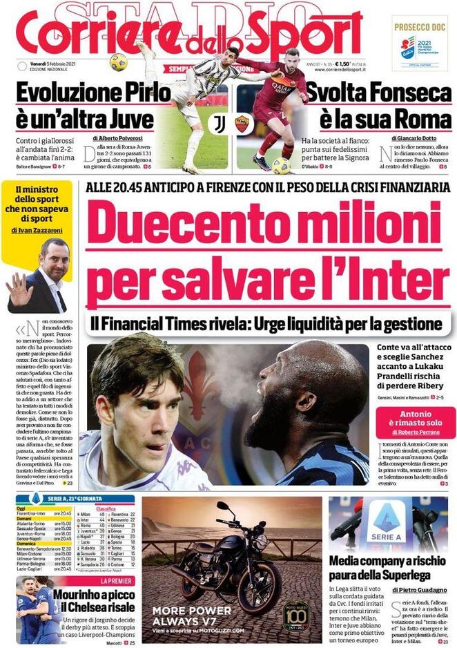 La prima pagina del Corriere dello Sport del 5 febbraio 2021