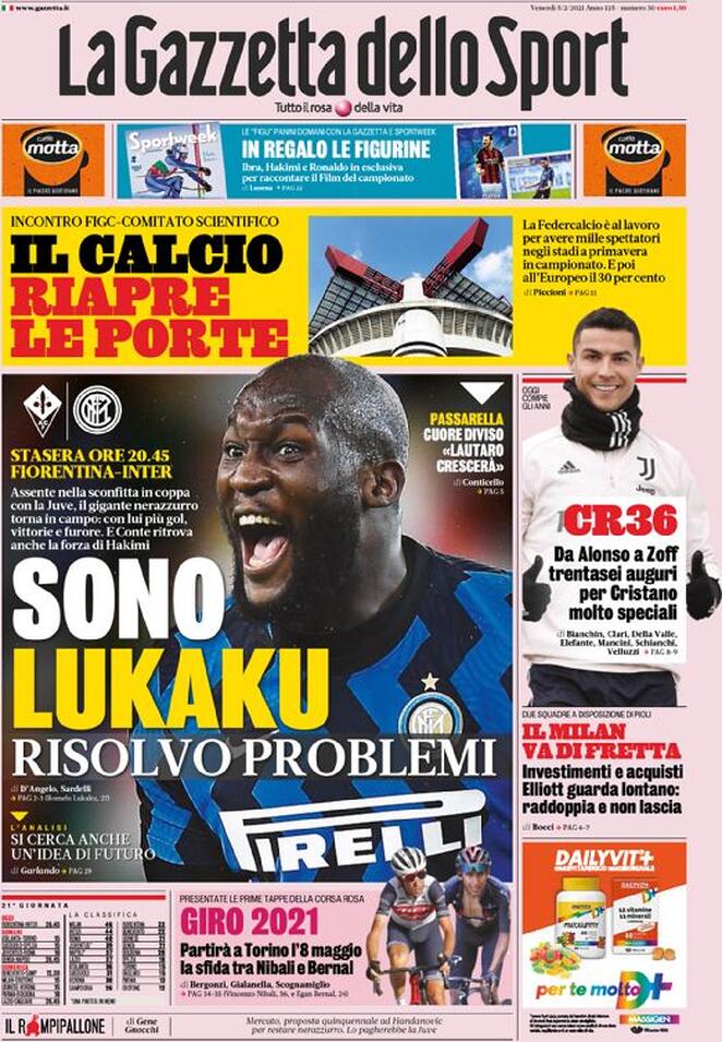 La prima pagina della Gazzetta dello Sport del 5 febbraio 2021