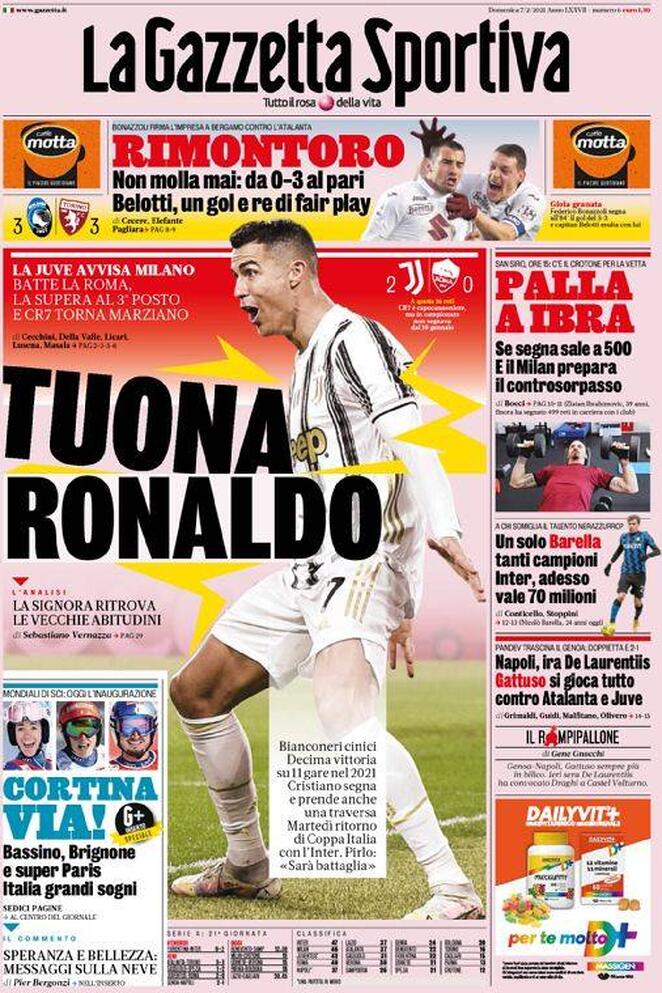 La prima pagina della Gazzetta dello Sport del 7 febbraio 2021