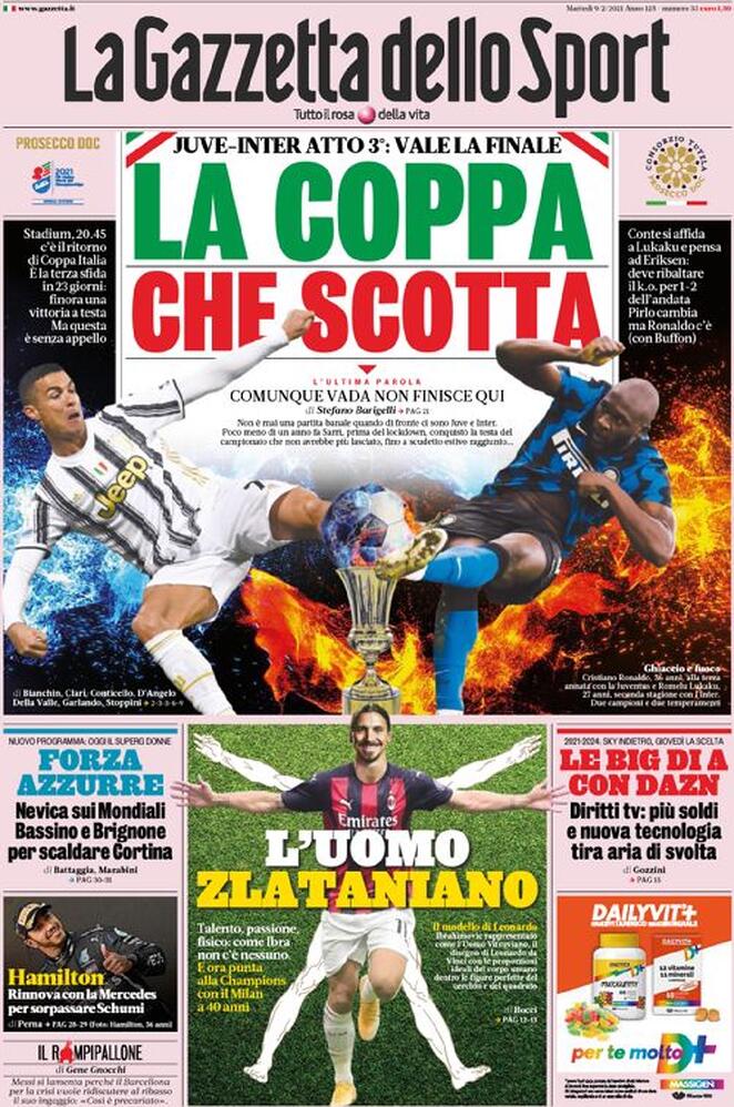 La prima pagina della Gazzetta dello Sport del 9 febbraio 2021