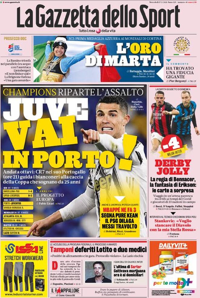 La prima pagina della Gazzetta dello Sport