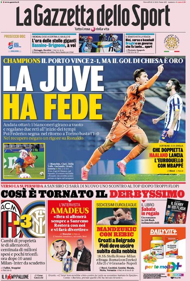 La prima pagina della Gazzetta dello Sport