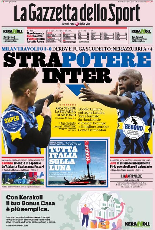 La prima pagina della Gazzetta dello Sport