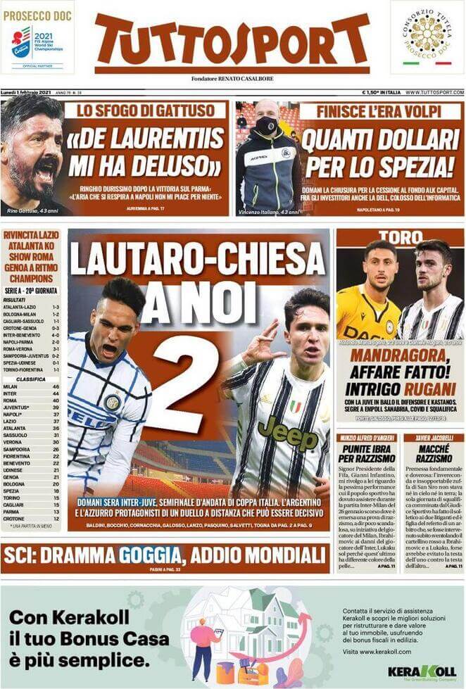 La prima pagina di Tuttosport del 1° febbraio 2021