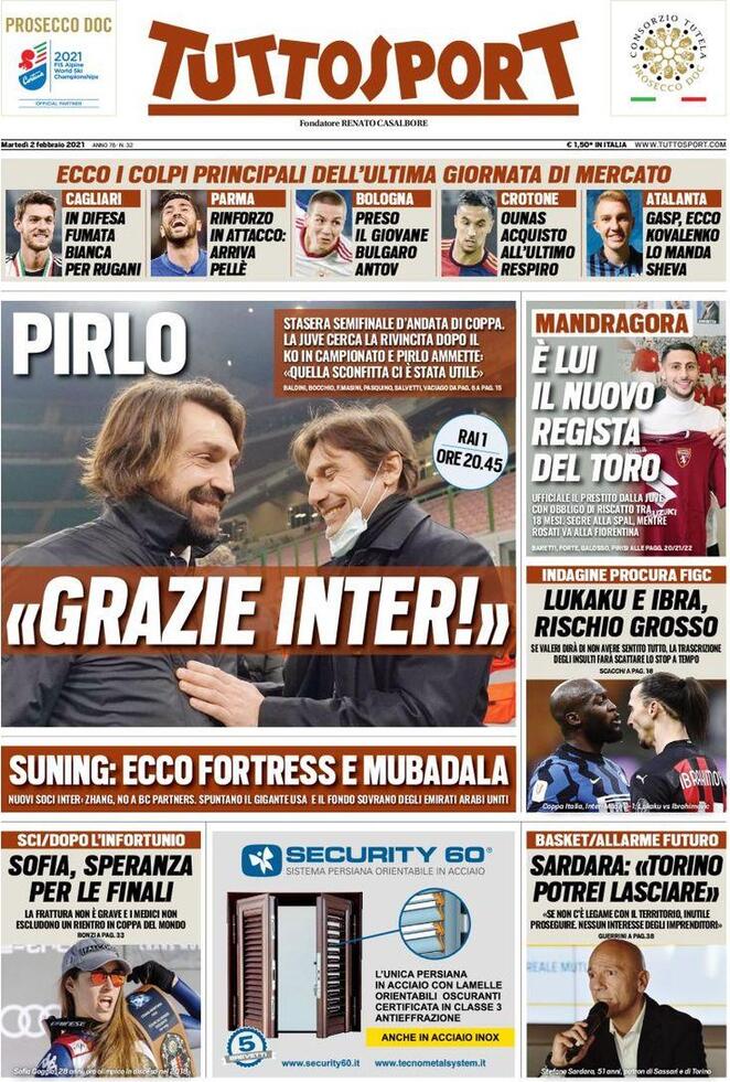 La prima pagina di Tuttosport del 2 febbraio 2021