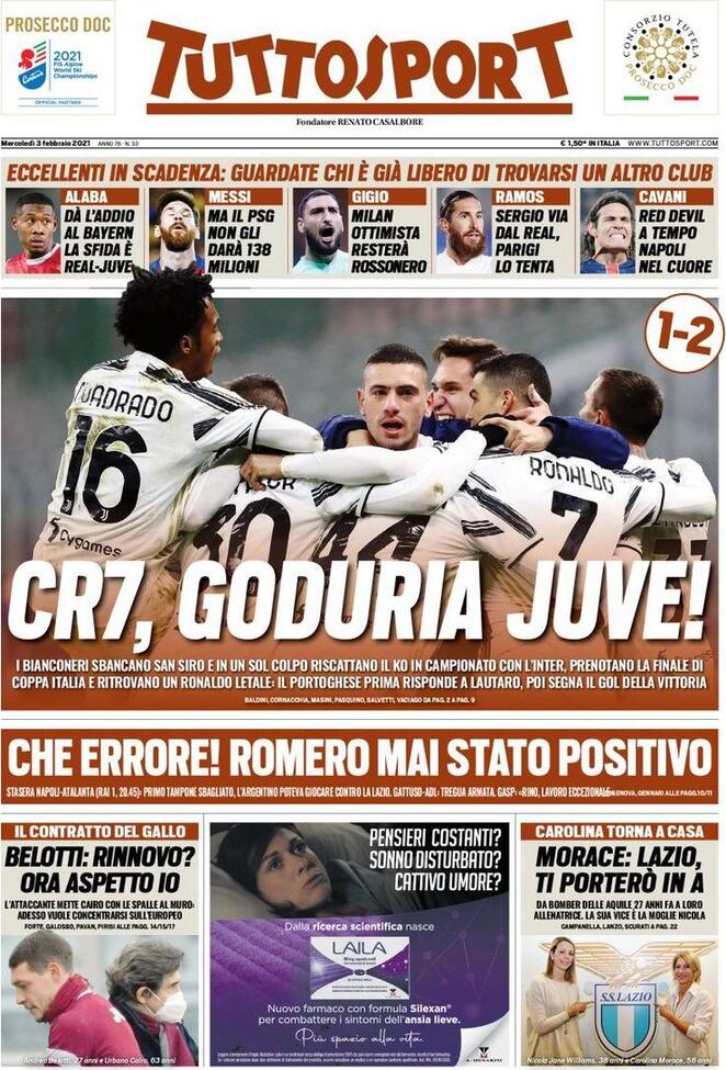 La prima pagina di Tuttosport del 3 febbraio 2021