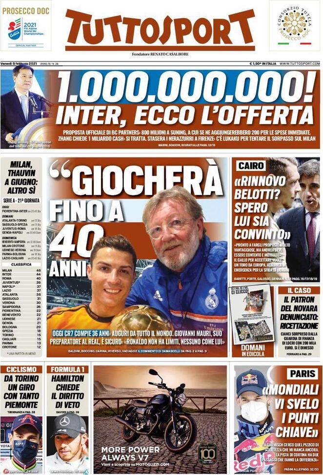 La prima pagina di Tuttosport del 5 febbraio 2021