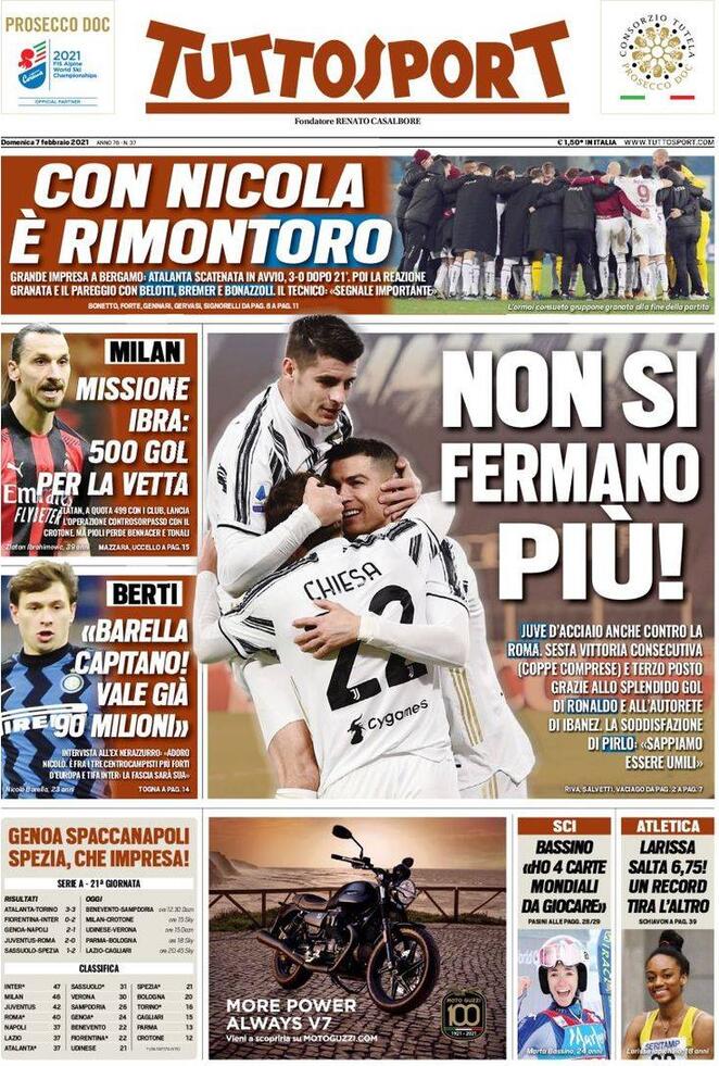 La prima pagina di Tuttosport del 7 febbraio 2021