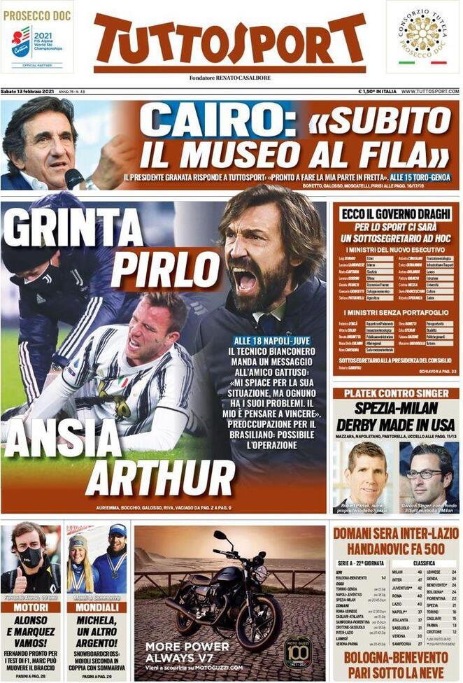 La prima pagina di Tuttosport del 13 febbraio 2021