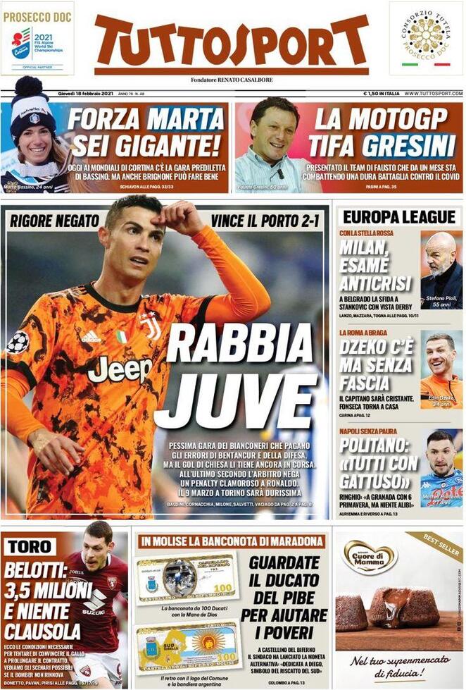 La prima pagina di Tuttosport