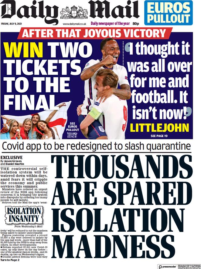 La prima pagina del Daily Mail del 9 luglio 2021