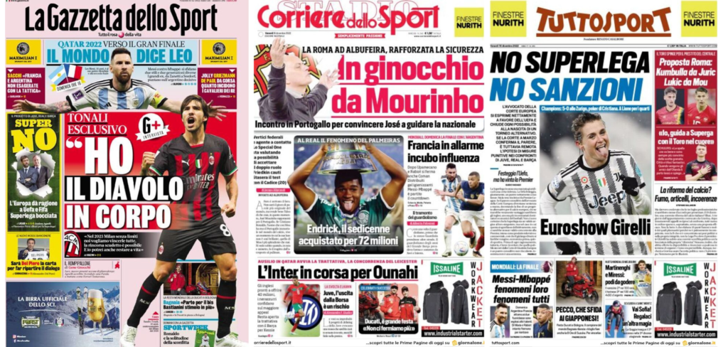In prima pagina: i quotidiani in edicola oggi, 16 dicembre 2022
