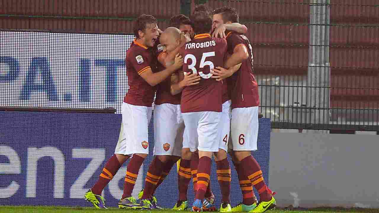 L'esultanza dei giocatori della Roma