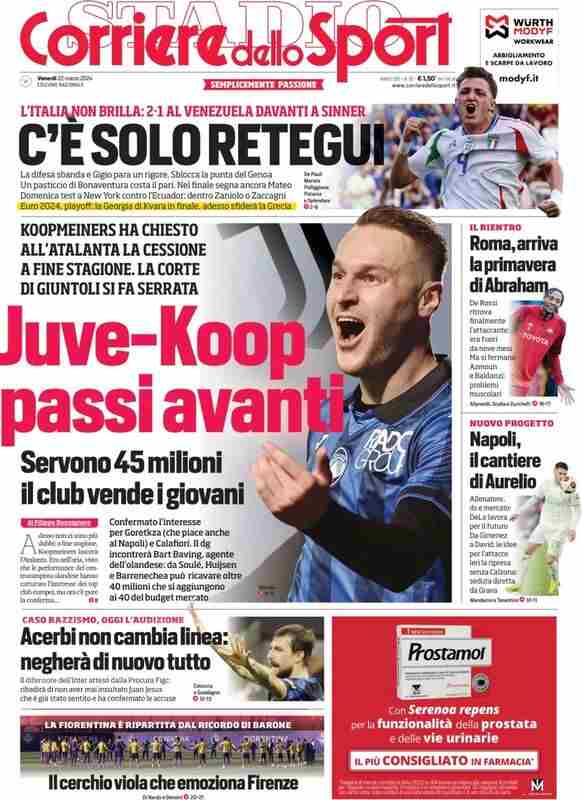 La prima pagina del Corriere dello Sport di venerdì 22 marzo