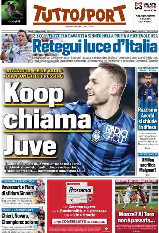 La prima pagina di Tuttosport di venerdì 22 marzo