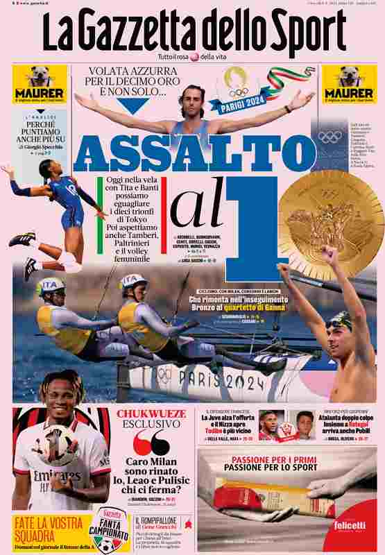 In prima pagina: i quotidiani sportivi in edicola oggi, 8 agosto 2024