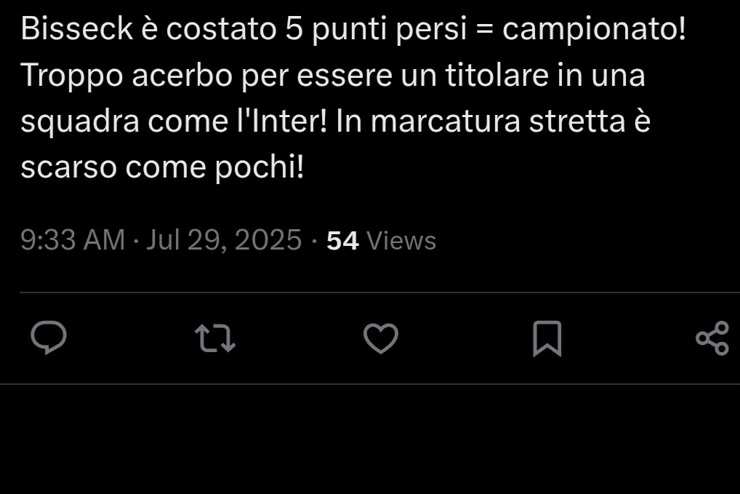 Il tweet che riguarda Bisseck - Screen X - Calcioinpillole.com